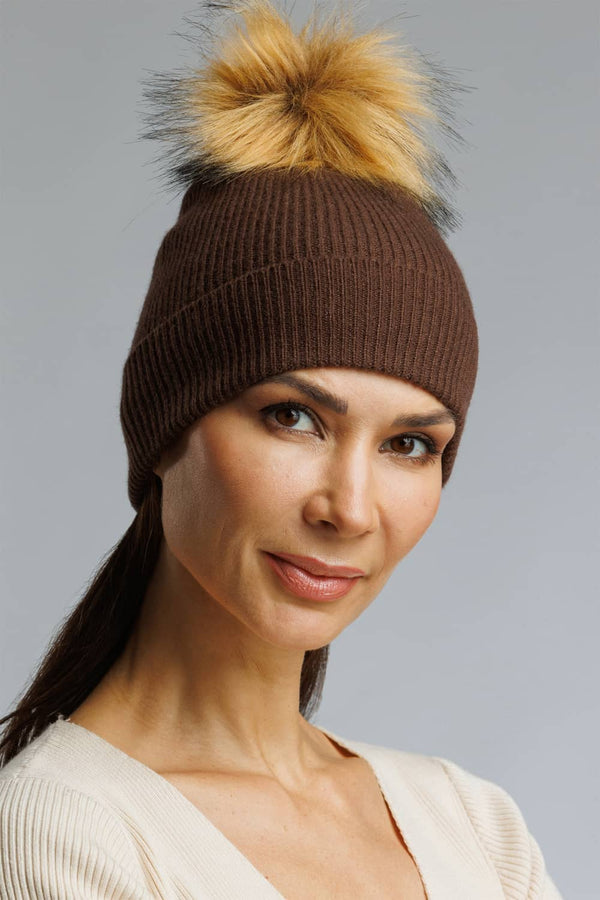 Women's 100% Pure Cashmere Pom Beanie Hat Womens>Accessories>Hat Fishers Finery Cocoa One Size 