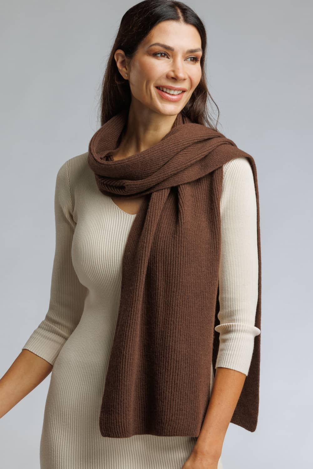 Women's 100% Pure Cashmere Ribbed Knit Scarf with Gift Box Womens>Accessories>Scarf Fishers Finery Cocoa 