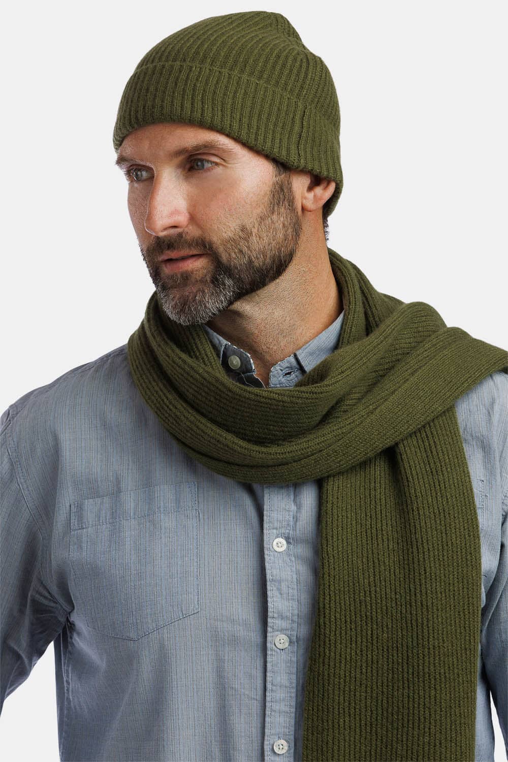 Men's 100% Pure Cashmere 2pc Rib Knit Set with Gift Box Mens>Accessories>Sets Fishers Finery Olive One Size 