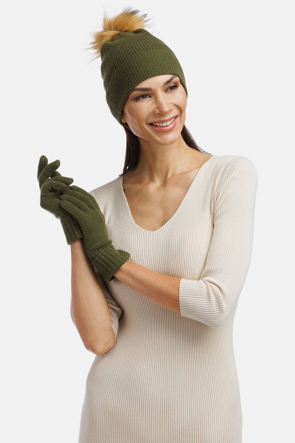 Women's 2pc 100% Cashmere Pom Beanie Hat & Glove Set with Gift Box Womens>Accessories>Hat Fishers Finery 