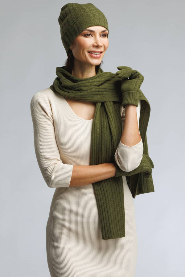 Women's 3pc 100% Pure Cashmere Cable Knit Hat Glove Scarf Set with Gift Box Womens>Accessories>Cashmere Set Fishers Finery Olive One Size 