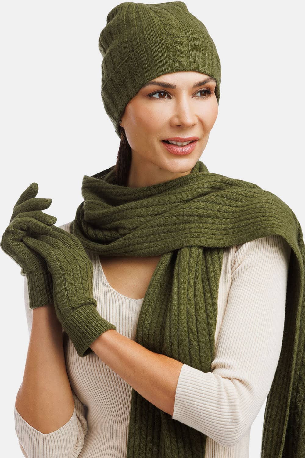 Women's 3pc 100% Pure Cashmere Cable Knit Hat Glove Scarf Set with Gift Box Womens>Accessories>Cashmere Set Fishers Finery 