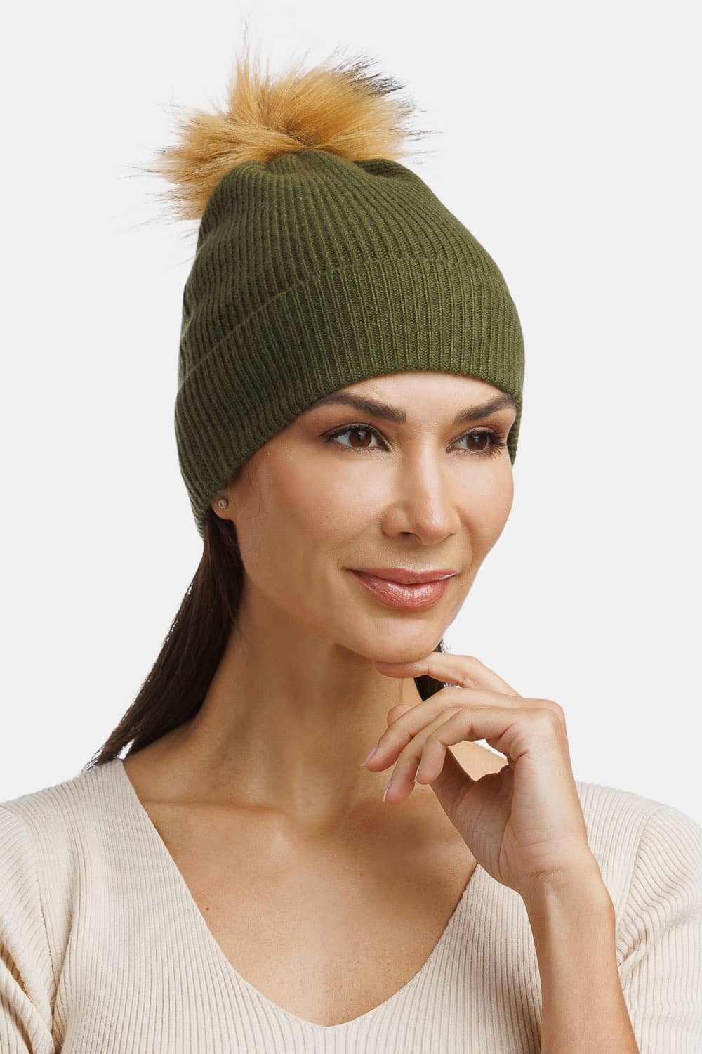Women&#39;s 100% Pure Cashmere Pom Beanie Hat Womens&gt;Accessories&gt;Hat Fishers Finery Olive One Size 