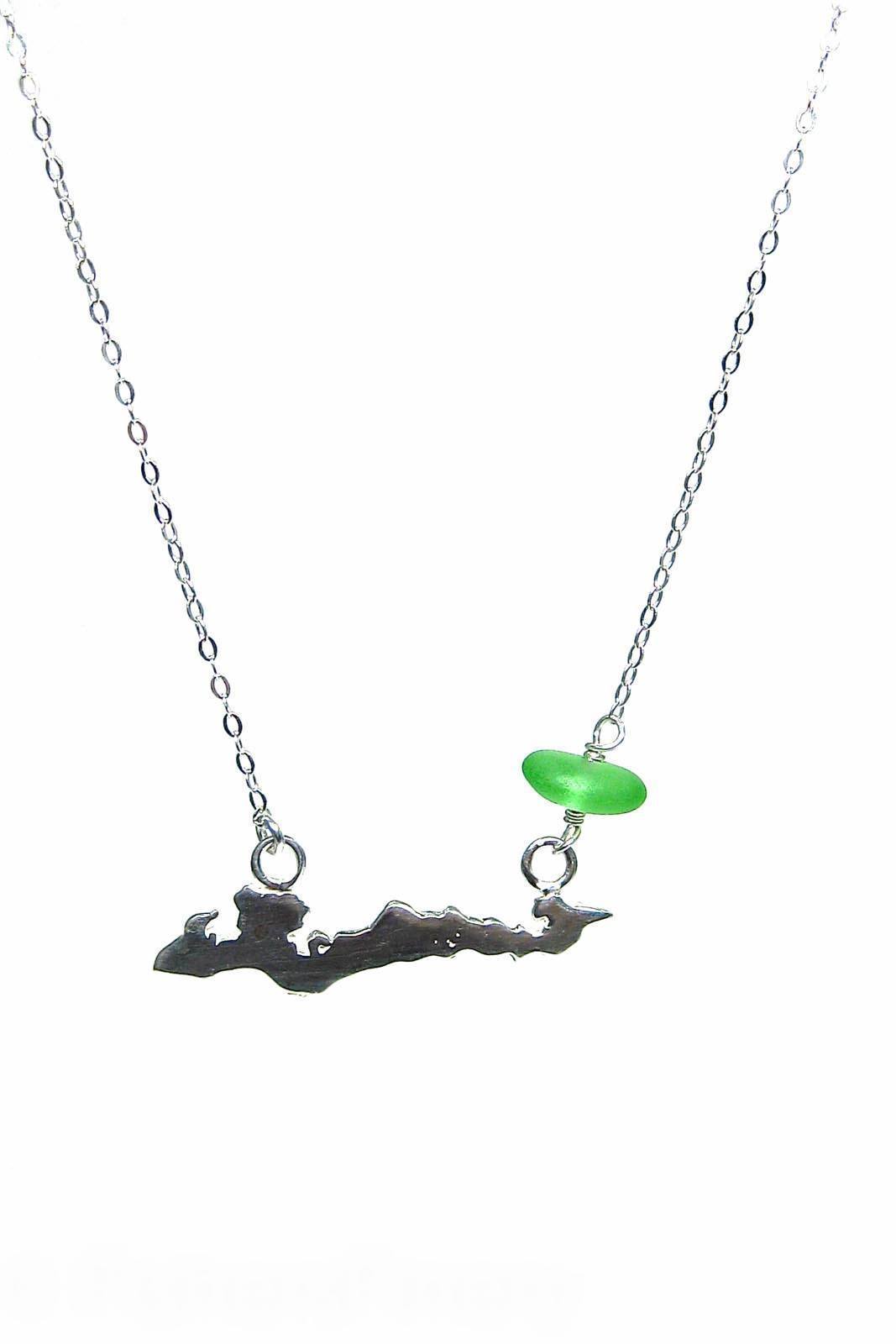 Custom Fishers Island Charm Necklace with Sea Glass Stone with Gift Box Womens&gt;Accessories&gt;Jewelry Fishers Finery Green 