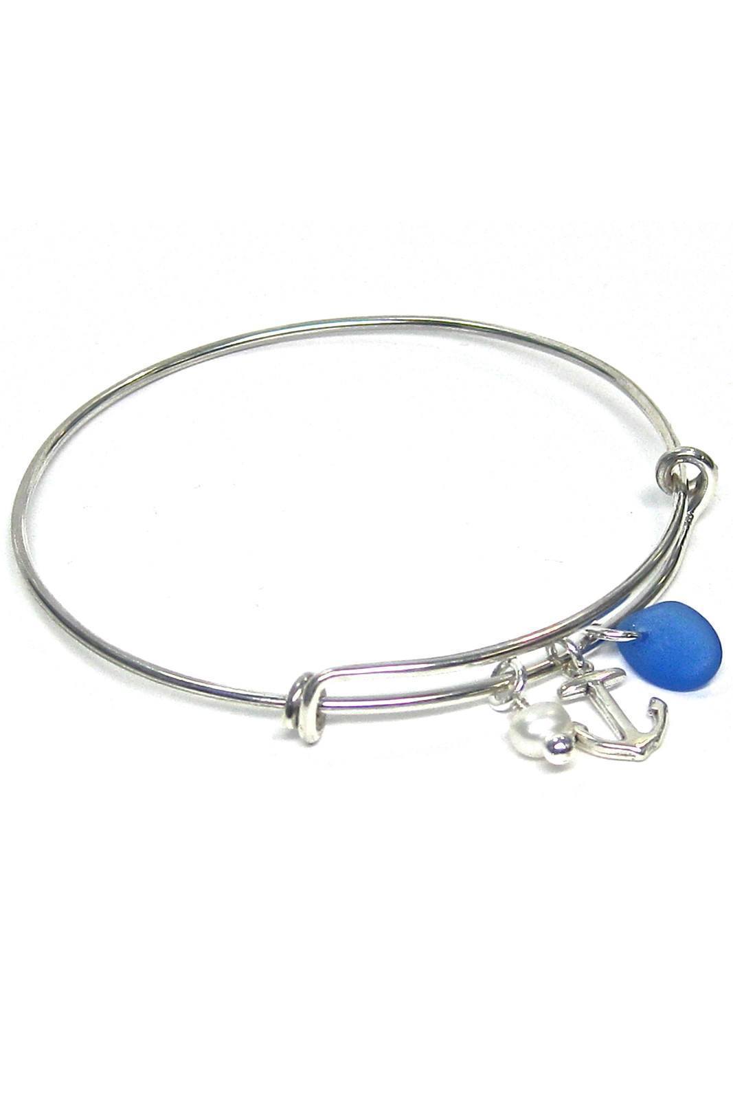 Adjustable Sea Glass Charm Bangle Bracelet with Gift Box Womens>Accessories>Jewelry Fishers Finery Cobalt 
