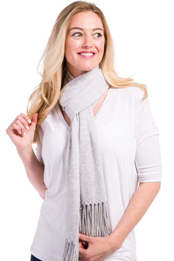 Women's 100% Pure Cashmere Knit Scarf with Fringe and Gift Box Womens>Accessories>Scarf Fishers Finery Light Gray 