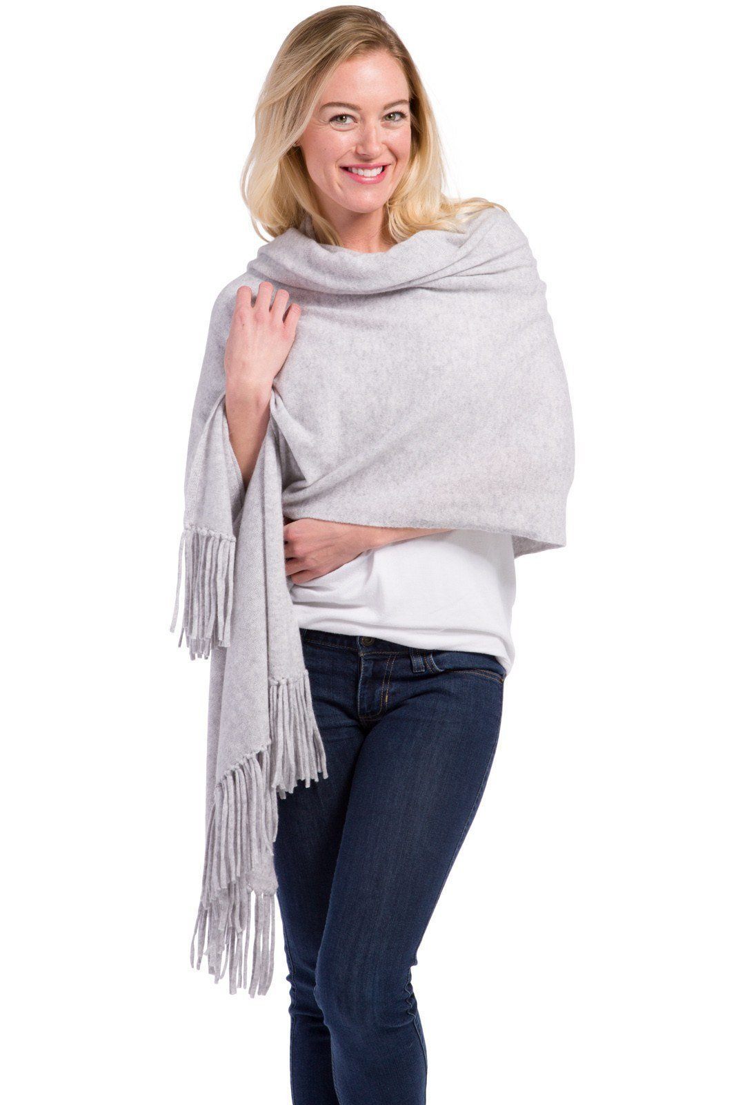 Women's 100% Pure Cashmere Knit Shawl Wrap with Fringe and Gift Box Womens>Accessories>Scarf Fishers Finery Light Gray 