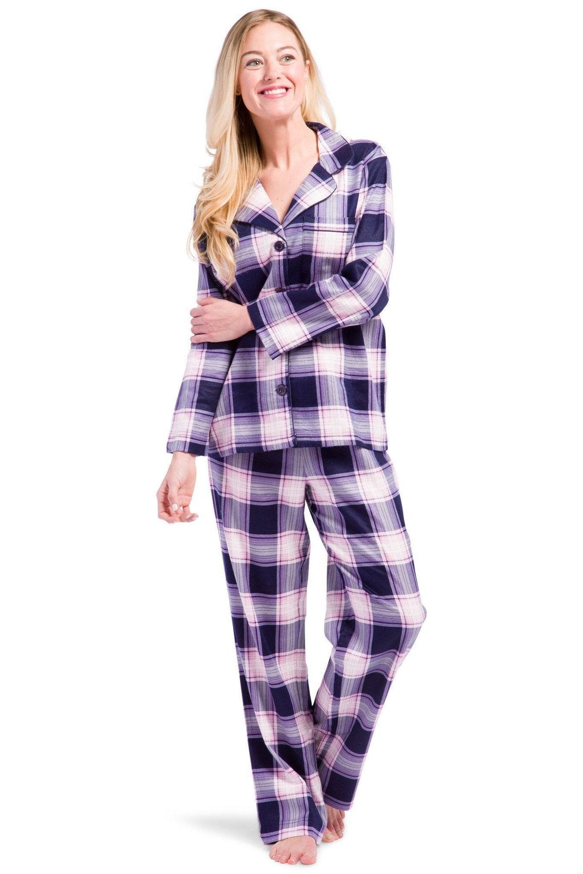 Women&#39;s EcoFlannel™ Full Length Plaid Pajama Set with Gift Box Womens&gt;Sleep and Lounge&gt;Pajamas Fishers Finery Navy Pink Plaid X-Small 